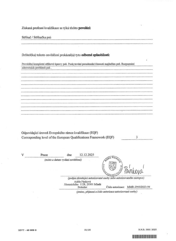 Osvědčení profesní kvalifikace Střihač psů